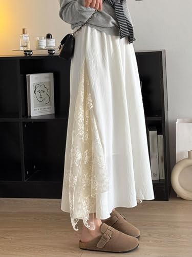Women's Lace Patchwork Skirt Elastic Waist Loose Fashion Cute Casual Flowing Hem Light A-Line Long Skirts2