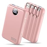 HAIARA Portable Charger 10000mAh Power Bank with 4 Built-in Cables,LED Display Compact and Battery Pack with Multiple USB Ports All-in-One Travel Charger for iPhone,Android and Other Devices-Pink