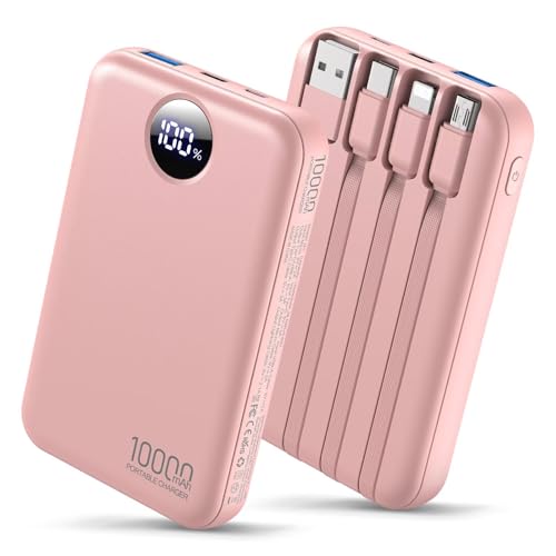 HAIARA Portable Charger 10000mAh Power Bank with 4 Built-in Cables,LED Display Compact and Battery Pack with Multiple USB Ports All-in-One Travel Charger for iPhone,Android and Other Devices-Pink