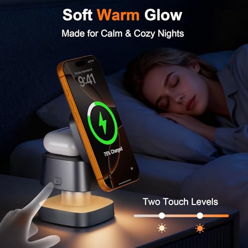 AIYUNDI 4 in 1 Wireless Charging Station for Apple Devices with Night Light, Mag-Safe Charger Stand, 15W Fast Charging for iPhone 17/16/15/14/13/12 Series, iWatch & AirPods(with USB-C Cable) - image 3