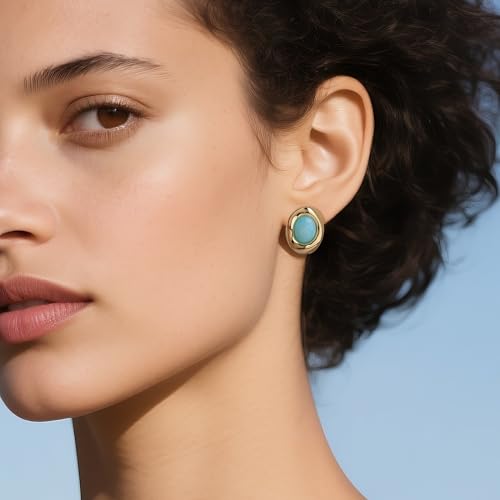 Agriajun Gold Blue Stone Stud Chunky Earrings for Women, Statement Trendy Dainty Natural Gemstone Oval Hypoallergenic Earing Jewelry Gift by Agriajun - Image 2