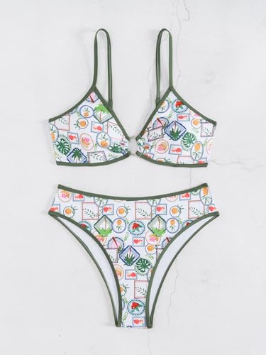 Image of Fanuerg Women's Triangle Bikini Sets O Ring Linked Two Piece Swimsuits Floral Printed Cheeky Bathing Suit