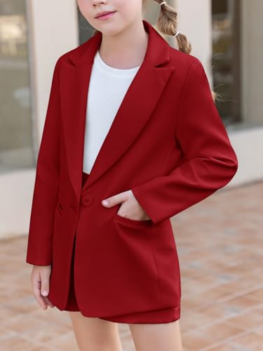 Image of Batermoon Girls 2 Piece Outfits Button Front Long Sleeve Blazer and Short Pants Suit Sets 4-14 Years