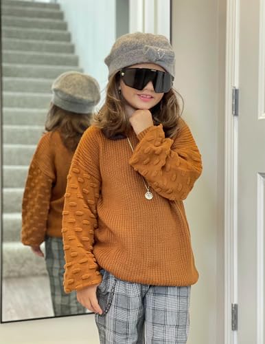 Image of Arshiner Girls Crewneck Sweaters Chunky Lantern Sleeve Knit Jumper Tops Casual Drop Shoulder Pullover Outwear for 5-13 Years