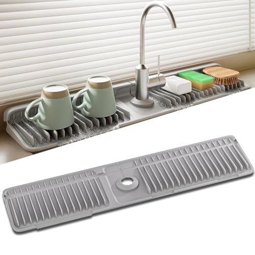 SOCORIA Faucet Mat for Kitchen Sink 24 Inch Longer Silicone Sink Splash Guard 7Slope Fast Self-draining Fast Drying Tidy Faucet Mat Splash Guard