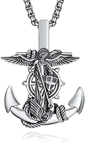 ADMETUS St Michael Necklace for Men 925 Sterling Silver Archangel Saint Michael Pendant Anchor Nautical Navy Necklace Protection Jewelry Religious Gifts