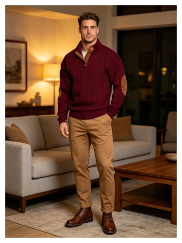 Jersey henley de hombre con punto trenzado y coderas para invierno 4