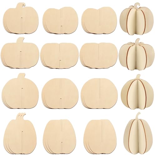 COCHIE DIY Fall 3D Pumpkins Wood Crafts to Paint Paintable Unfinished Wooden Slices for Craft Pumpkin Cutouts Ornaments for Painting Decorations (24 PCS)