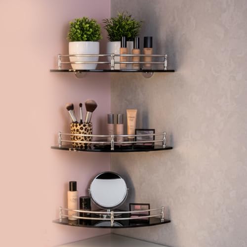 Image of Amazon Basics Glass Bathroom Corner Shelf with Stainless Steel Railings | Pack of 3 | Black | 9x9 Inch | Rust-Resistant Space-Saving Storage | 23D x 23W x 6H cm