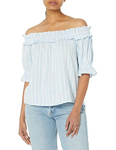Image of Tommy Hilfiger Women's Stripes Ruffles Off the Shoulder Casual, Blue/White, XS