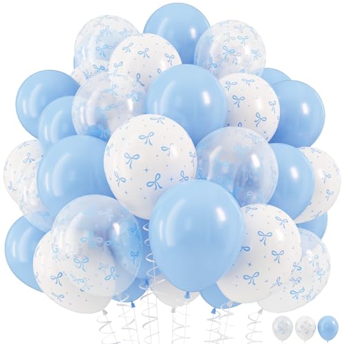 Image of HILAVO Blue Bow Balloons, 12 Inch Pastel Light Blue Transparent White Bow Print Coquette Balloon for Girls Birthday Bachelorette Party Bridal Baby Shower Wedding Anniversary Decorations Supplies