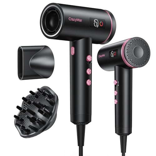 CrazyMar Hair Dryer, 180,000 RPM High Speed Blow Dryer For Fast Drying, 500 Million Negative Ionic Hair Dryer, No Heat Damage, Low Noise, Lightweight, Blow Dryer with Diffuser for All Hair,Travel,Home