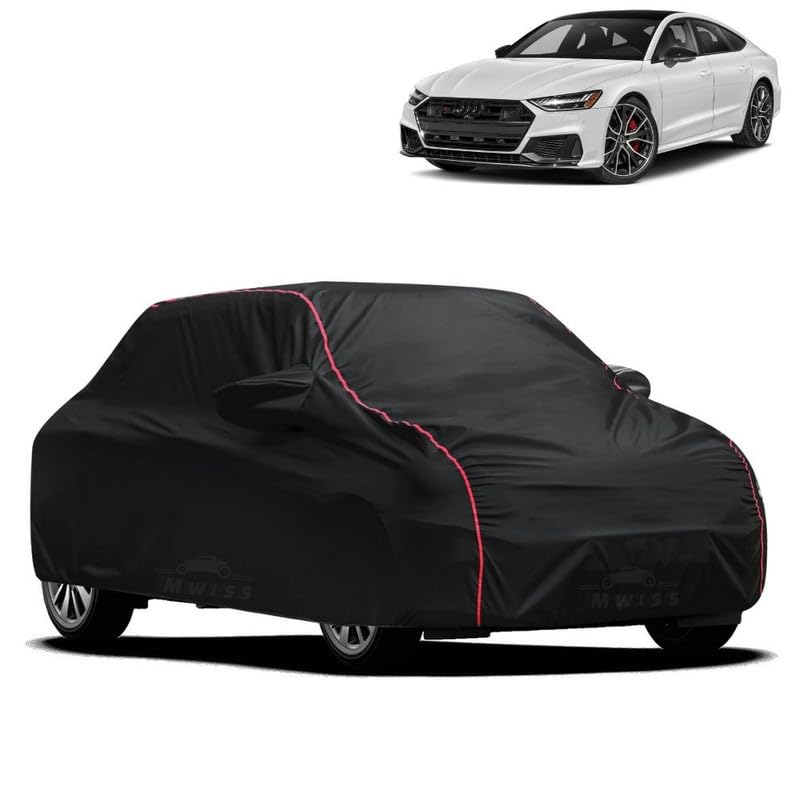 Image of Waterproof Car Cover for Audi S7 | All-Weather Protection, Dustproof & UV Resistant | Triple Stitched Mirror Pockets, Windproof Buckle Strap with Elastic Hem, Black-Red Piping