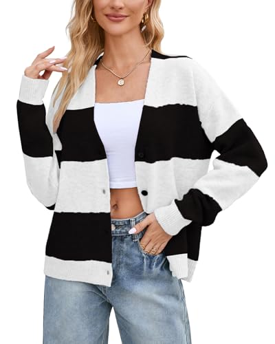 Image of YEXPINE Unisex Striped Cardigan Sweaters Open Front Long Sleeve Oversized Button V Neck Knit Outwear