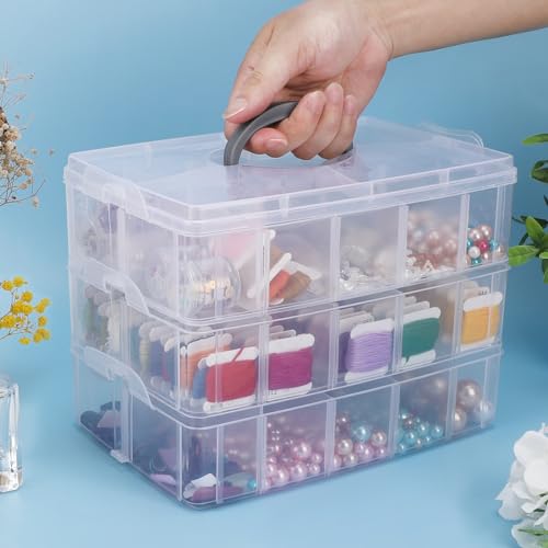 Image of 3-Tier Stackable Storage Container Box, Clear Adjustable Empty Plastic Nail Art Organizer Box with Handle & Lids, Fake Nail Organizers with 30 Compartment for Crafts, Art Supply Tool Accessory
