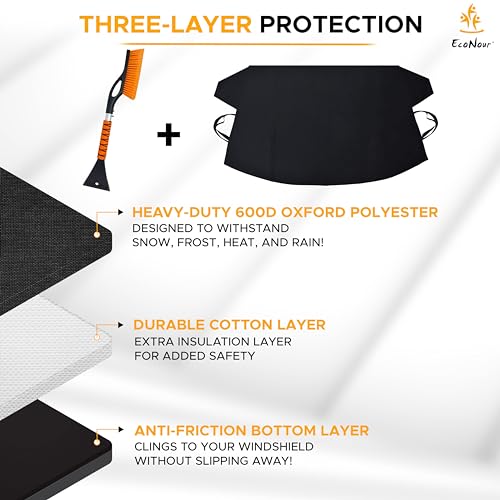 Image of EcoNour Truck Windshield Cover for Ice and Snow (74 inchx43 inch) | Snow Brush and Ice Scrapers for Car (1 Pack) with Scratch Free Bristle Head | Winter Car Kit for Pickup Trucks, Fullsize SUVs