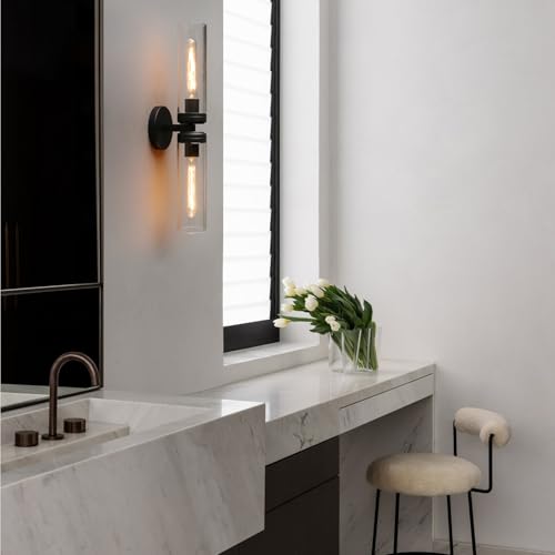 Image of Pathson 2 Lights Cylinder Glass Wall Sconce, Set of 2 Hardwired Wall Vanity Lights with Double Tube Glass, Vintage Aluminum Wall Lamp Decor for Bathroom Mirror Living Room Bedroom Fireplace Staircase