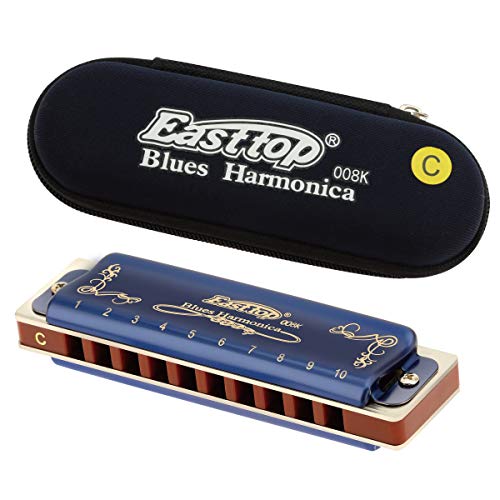 East Top Harmonica, Diatonic Blues Harmonica Key Of C, Blues Harp Mouth Organ Harmonica 10 Holes 20 Tones 008K With Blue Case, Standard Harmonica For Adults, Professionals, Beginners And Students #TOP6