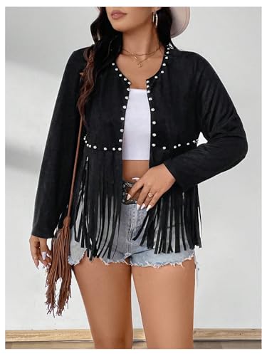 Floerns Women's Plus Size Beaded Tassel Trim Open Front Long Sleeve Music Festival Jacket4