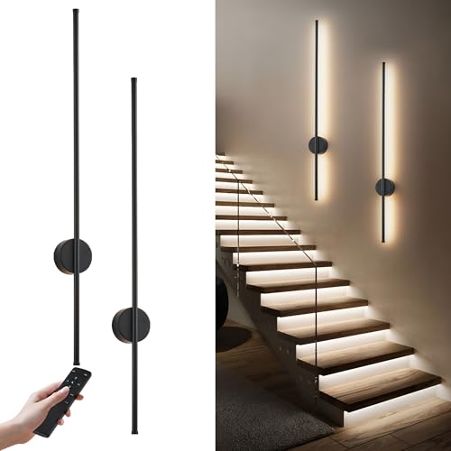 Image of KARTOOSH Black Battery Operated Wall Sconce Set of Two with Motion Sensor | Rechargeable Wireless Wall Lights with Remote Control, Dimmable, 3000K /4000K /6000K, Timer for Living Room, Hallway,39.3 Inch