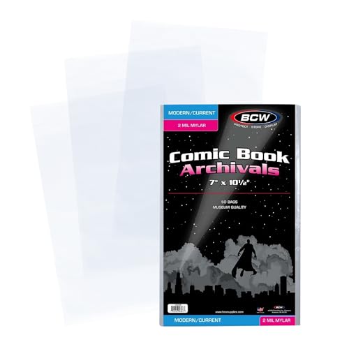 BCW Current/Modern Comic Mylar Archivals - 2 MIL - 50 Count Pack | Archival Comic Book Bags | Standard Size 7 x 10.5 Inches Secure 1.5 Inch Flap | Protective Covers for Comic Book Collectors
