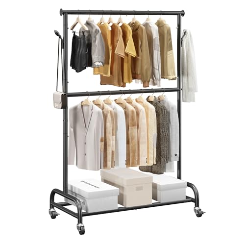 VEVOR Clothes Rack, Rolling Clothing Garment Rack with Adjustable Crossbar and Side Hooks, 150 lbs...