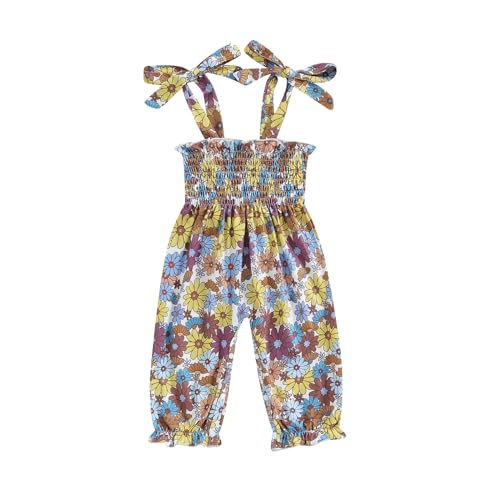 BSaogr Infant Girl Clothes Baby Overalls Sleeveless Floral One Piece Frill Trim Smocked Bodysuit Jumpsuit Summer Clothes (Yellow, 6-12 Months)