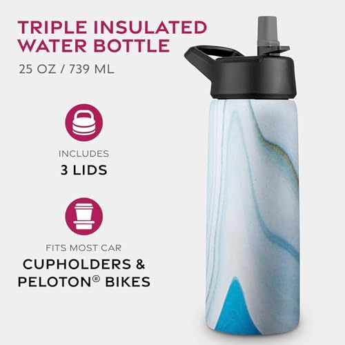 Triple-Insulated Stainless Steel Water Bottles with Straw, 25 Oz Reusable Insulated Water Bottles with 3 Lids, Metal Water Bottle for Travel, School, Sports, Gym/Men, Women & Kids (Marble Blue)