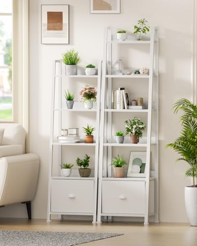 Image of Furologee 6 Tier Ladder Shelf,Ladder Bookshelf with Drawer,Modern Tall Bookcase,Storage Rack Organizer,Wood Metal Freestanding Shelves for Living Room, Home Office, Bedroom, White