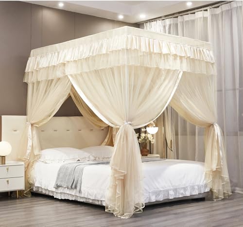 Mengersi Canopy Bed Curtains Queen Sizes,Bed Canopy for Girls Royal Luxurious Cozy Bed Drapes Girls Room Decor(Ivory,Queen)