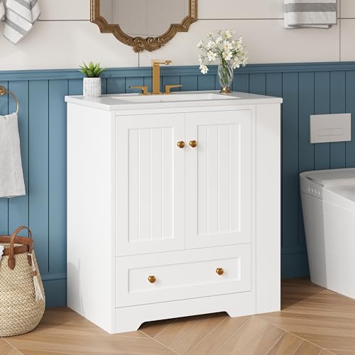 IRONCK 30\" Bathroom Vanity with Ceramic Sink, Bathroom Storage Cabinet with Doors & Drawers & DIY Side Storage, Pedestal Sink Combo Set, White