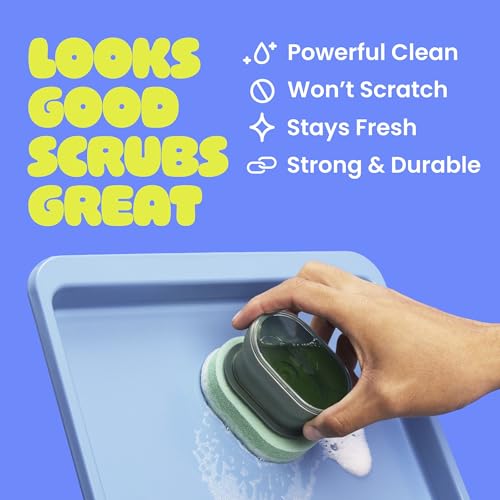 Image of Brite by Scotch-Brite Palm Scrubber with Drain + Dry Stand, Household and Kitchen Sponge for Washing Dishes with Comfy Grip, 1 Scrub Sponge with Soap Dispenser