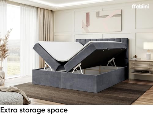 MEBLINI Boxspringbett mit Bettkasten - Gepolstert Doppelbett mit Matratze und Topper - Polsterbett mit Stauraum - Bett mit Kopfteil - Stauraumbett - Lukas - 180x220 - H3/Dunkelgrau Samt – Bild 7