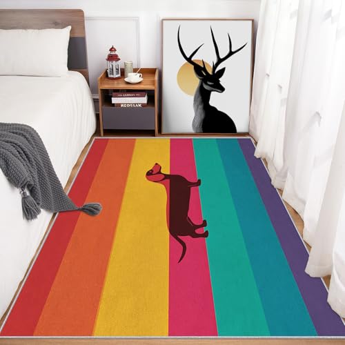 5x8 Dachshund Rainbow Stripe Rug, Washable Non-Slip Carpet