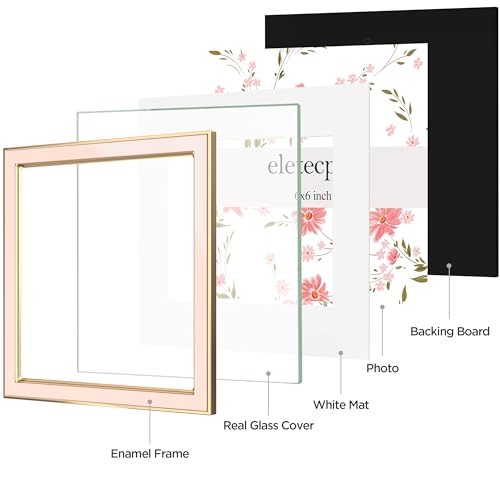Image of eletecpro 6x6 Enamel Picture Frame with Real Glass Cover, Square Photo Frame Display Pictures 4x4 with Mat or 6 by 6 Without Mats for Tabletop and Wall Decor, Pink, 1 Pack