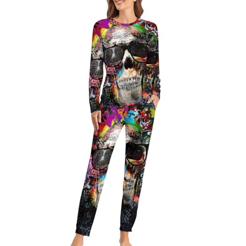 Ensemble pyjama femme crâne coloré t-shirt manches longues et pantalon homewear
