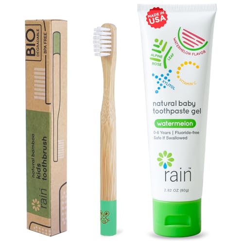 Rain Natural Bamboo Kids Toothbrush Set Fluoride-Free Baby Toothpaste Safe to Swallow with Vitamin C for 6 to 12 Months Up Infant Toddler Toothbrush BPA-Free Biodegradable (1 Toothbrush 1 Toothpaste)