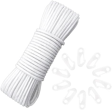 Heilok 49ft Nylon Flag Rope Flagpole Rope 6mm Thick White Flagpole Halyard Rope With 10 PCS Flag Pole Clips Durable Multifunctional Nylon Rope For Flag Sailing Rigging Hanging Clothes Garden Outdoor