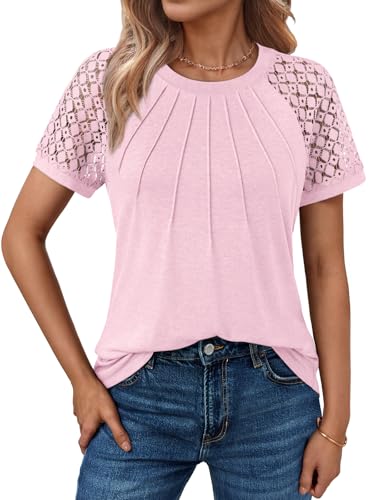 AUTOMET Womens Lace Short Sleeve Tops Business Casual Outfits Work Shirts
