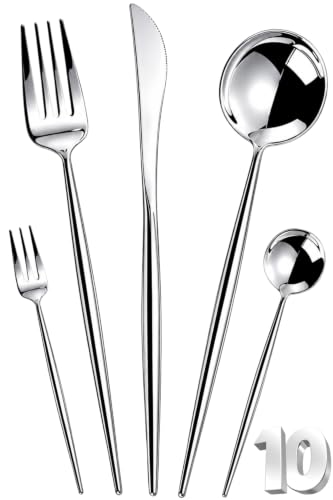 Image of Slim Handle Silver 10 Pcs Stainless Steel Cutlery Set for Dining Table, Dishwasher Safe Glossy Flatware (2 Spoon Set+2 Forks Set+2 Butter Knife+2 Dessert Spoon+ 2 Fruit Fork)