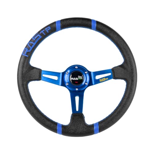 RASTP Universal Racing Steering Wheel,Deep Dish Steering Wheel Leather Embroidery 13.58”/345mm 6 Bolts with Horn Button Include Cable, Wrench,Blue