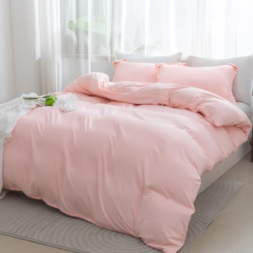 Image of SheRest Pink Duvet Cover Twin Size - Soft Brushed Microfiber, 1 Duvet Cover 68x90 Inches with Zipper Closure 8 Ties & 1 Pillow Sham, Breathable Bedding Set for All Season (No Comforter)