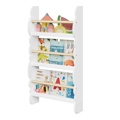 WOLTU Kinder Bücherregal Wand, Bücher-Organizer mit 3 Ablagen, Kinderregal für Buchaufbewahrung, Wandregal Kinderzimmer aus Kiefernholz E1 MDF, für Spielzimmer, Weiß WOLTU Kinder Bücherregal Wand, Bücher-Organizer mit 3 Ablagen, Kinderregal für Buchaufbewahrung, Wandregal Kinderzimmer aus Kiefernholz E1 MDF, für Spielzimmer, Weiß