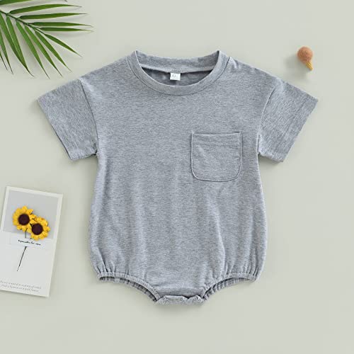 Dnomaid Yzarc Baby Boy Girl Solid Bubble Romper Short Sleeve Oversized T-Shirt Onesie Basic Cotton Bodysuit Tops With Pocket (Light Grey, 12-18 Months) #TOP1