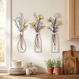 HUASUN Set de 3 Decoraciones de Pared de Metal con Flores – Estilo Boho Rústico, Dormitorio o Cocina (Blanco)
