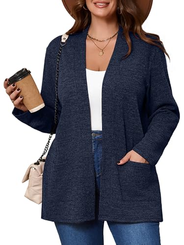 AusLook Women's Plus Size Lightweight Open Front Cardigan Dark Blue 5X Causal Long Sleeve Sweater Cover Ups Jacket Shrugs Tops Shawls and Wraps Kimono