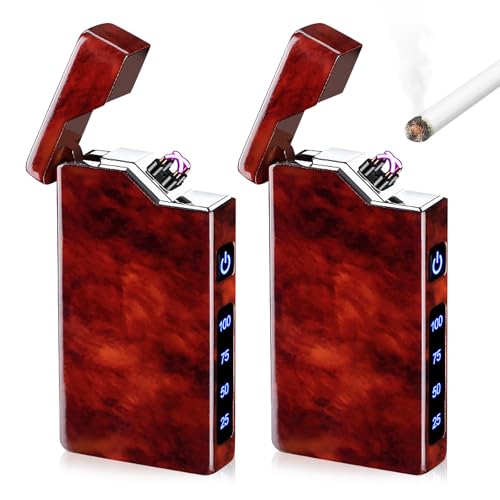 2 mecheros eléctricos, recargables por USB, encendedor de arco eléctrico, portátil, con indicador de batería, regalo para hombres y mujeres, con caja de regalo (vetas de caoba)