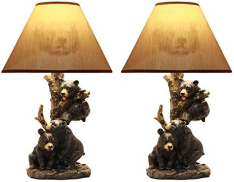 Ebros Wildlife Whimsical Climbing Black Bear Cubs Table Lamp Statue Decor with Bear Face Printed Shade Three Cuddly Sibling Bears Little Rascals Playing by Tree Desktop Lamp (Set of 2)