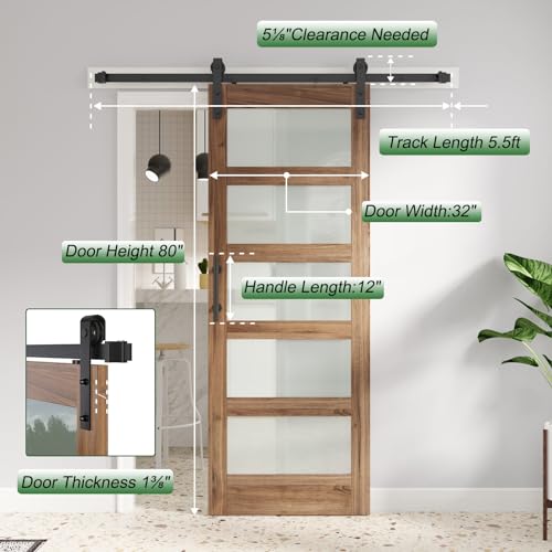 Image of FREDBECK 32in x 80in Glass Barn Door with 5.5FT Sliding Doors Hardware Kit with Handle Included,5-Panel Frosted Glass Wood Panel,Water-Proof Surface,Need Assembly