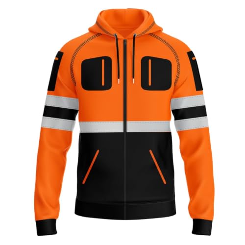 Image of kraftd Mens Hi Vis Hoodie with Reflective Tape Full Zip Up Hoodies Safety Work High Viz Top With Pockets High Visibility Workwear Sweatshirt Black/Orange